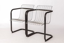 Pair of Vintage Metal Armchairs – Chrome Wire Mesh & Black Frame – Italy 1980s