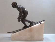 Art Deco Skifahrer Skulptur Metall Alabaster - Länge 27cm