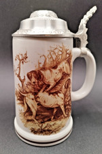 Bierkrug mit Zinndeckel FINE CHINA LICHTE Porzellan Jagdmotiv Made in GDR (DDR)