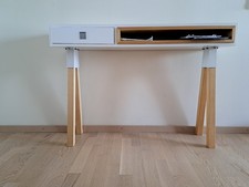 Schmaler Tisch, Arbeitstisch, Konsole, weiß mit Holz, Skandi/Japan Design, gebr.