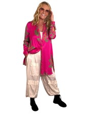 Ancora-Lagenlook Satin-Long-Bluse-Jacke Pink FLORAL  Gr. 4 L-XL - 38 40 42  (61)