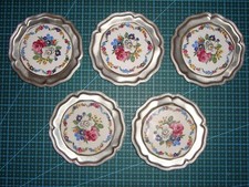5 kleine „ALWE ZINN“ Zinnteller Untersetzer mit Keramikeinsatz „Blumenstrauß“