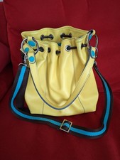 Original Gabs Damenhandtasche (Leder!!!) in Zitronengelb mit türkisen Knöpfen 