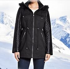 LUXUS Winter-Parka Gr.38 PURE FASHION Lederärmel TEDDYFUTTER NP:135,-€ Schwarz 