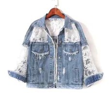 Damen Blumen Spitze Jeansjacke