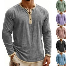 Herren Henley T-Shirt Hemdbluse Knopfleiste Langarmshirt Langarm Unterhemd Tops