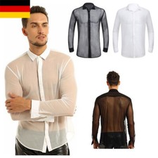 DE Herren Shirt Durchsichtig Unterhemd Tops Langarm Turn down Kragen Hemd Shirts