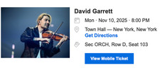 Mobiles Ticket David Garret, 10. November 2025, Town Hall New York