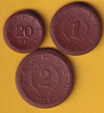 Sachsen - Porzellan-Notmünzen von 1921 zu 20 Pf., 1 Mark und 2 Mark