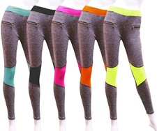Damen Leggings Reißverschluss Neon Farben Lang Leggins Sport Yoga