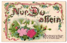 Stoff-Präge-AK Nur du allein, Weiße Tauben sitzen auf Blumen aus echtem Stoff 