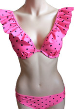Süßer Push Up Bikini Zweiteiler mit Punkten / Dots mit Rüsche Pink Schwarz 75A S
