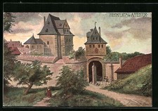 Künstler-AK Frankfurt-Sachsenhausen, Spaziergänger am Affentor 