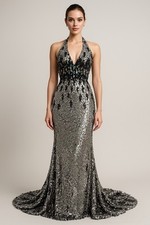 Wunderschönes Abendkleid Pailletten Schleppe Größe 34-36 Schwarz Silbergrau