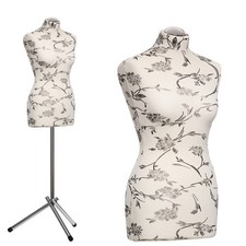 Schneiderpuppe Damen, Kleiderpuppe, Überzug mit schwarzen Blumen, Dreibein Chrom