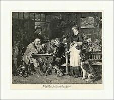 Jagdgesellschaft Eduard Grützner Hunde Wirtshaus Bedienung Krug Holzstich A 0655