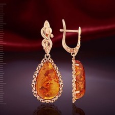 Russische Ohrringe mit Bernstein Silber 925° Rotgold vergoldet Neu