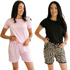 Schlafanzug Damen Kurz Baumwolle Zweiteiliger Pyjama Set T-Shirt Shorts Sommer