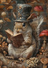 Skurriler Eichhörnchen Zylinder Hut Lesebuch Wald Märchen Tier Kunstdruck Q27