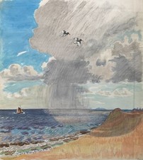 Aquarell Karl Adser 1912-1995 Küste Strand mit Segelboot und Regenwolke