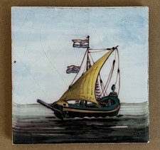 6 antike Delfter Fliesen 10x10 polychrom handbemalt Steingut Zinnglasur Schiffe