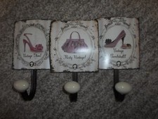 Shabby Chic 3er Wandhaken Garderobe Vintage Metall lila violett Taschen Schuhe