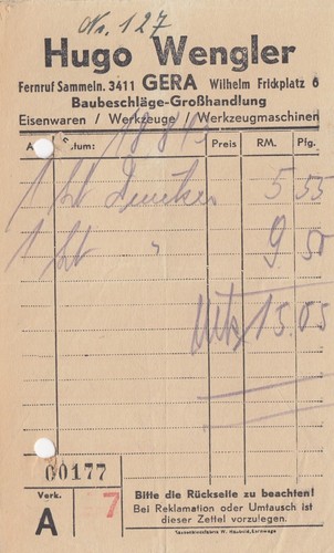 Gera rechnung 1940 hugo - gera,,