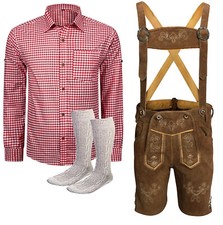 Trachtenset Herren Kurz Trachtenlederhose Gr 46 bis 60 Rot Hemd Socken KBRH01