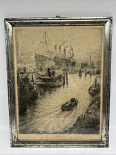 Vintage Zeichnung / Grafik / Radierung Hafen mit Schiffen, signiert