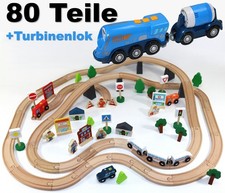 Holz Eisenbahn Set Kinder Holzzug Spielbahn Dampflok mit Tender groß Batteriezug