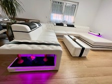 Wohnlandschaft XXL, U Form, Nativo Swiss Designer Sofa, weiß  Leder mit Tisch