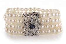 Perlenarmband vierreihig 117 Akoyaperlen Saphir 750 Weißgold 17cm [BRORS 20006]