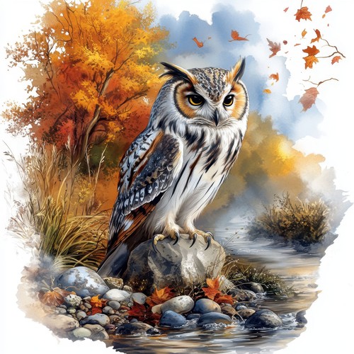 Wandbild eule fluss herbst - wandbild,