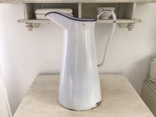 Alte Emaille Kanne Krug“Baumann“ Shabby Brocante Weiß Blau Emaile Landhaus Deko