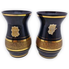 Blumenvase VEB Kunstglas Wasungen 2x Schwarzglas Hyalithvase Golddekor 8 x 5 cm