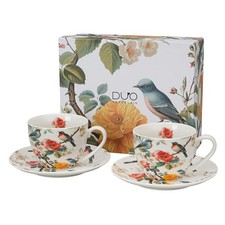 Tasse Kaffetassen 2er-Set Tassen bunt Porzellan Blumen Untertasse 270 ml Modern