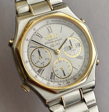 SEIKO 7A38-6080 OKTAGON Chronograph SQ100 Titansilber / Gold Day Date Vintage