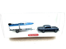 Wiking 894 39 30, blaues Mercedes 280 SE Coupé mit Motorboot auf Anhänger, OVP