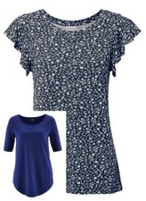 2 Damen Shirt Long Style 1x uni blau + 1x blau weiß Größe 38 - 52 neu 968+7504