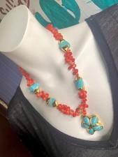 Designer Set, Armband Kette Korallen Türkis Anhänger Türkis Blüte Unikat