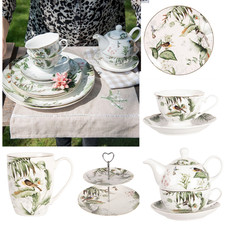 Geschirr aus Porzellan, Pflanzen und Vogelmotiv in Grün-Weiß, Mix & Match