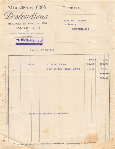 Rechnung 1933 salaison gros - rechnung,