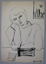 DIETER GOLTZSCHE ,1934 . TUSCHEZEICHNUNG , MÄDCHEN AN DER SCHREIBMASCHINE .1964