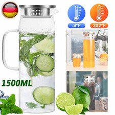 Glaskaraffe mit Deckel 1.5 Liter, Wasserkaraffe Wasserkrug Glas Hitzebeständig