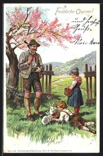 Künstler-AK E. Döcker: Vater und Kinder beim Osterhasen füttern 1902 
