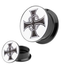 Flesh Schraub Ohr Tunnel Picture Plug Tube Piercing Motiv Eisernes Kreuz