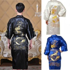 Herren Damen Kimono Bademantel Robe Drachenmotiv Chinesisch Seiden Bademantel