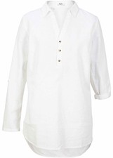 Neu Tunika mit Leinen-Anteil lang Gr. 42 Weiß Damen Basic Bluse Langarm Hemd