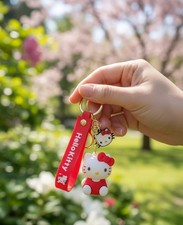 New Hello Kitty Red Bow Key Ring Keychain with Strap & Charm - Cute Gift"
