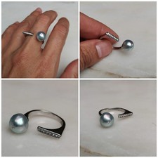 UNIKAT Barock Salzwasser Akoya  Perlen Ring Silber 925 verstellbar blau grau